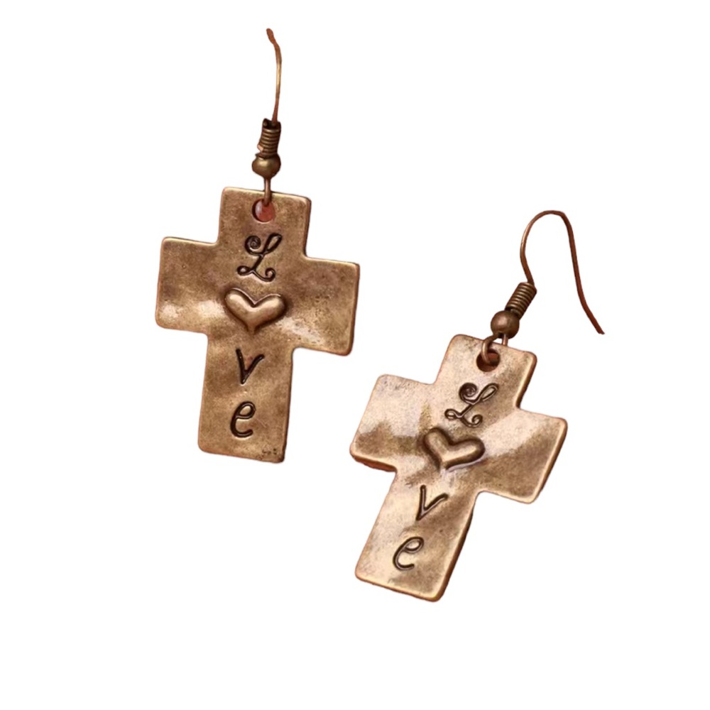 Copper Cross Love Drop Earrings